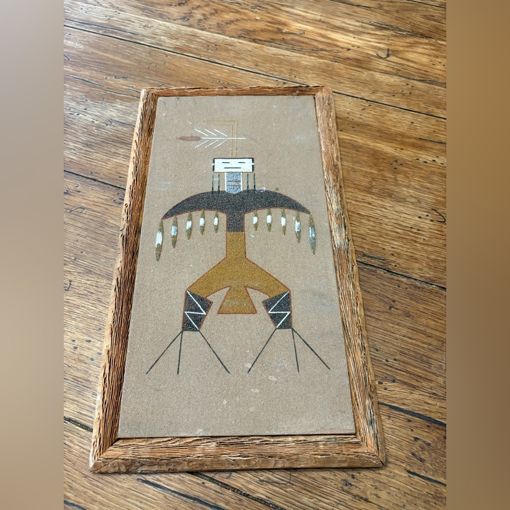 VTG. Native Am. Signed Lehi Benally ‘Eagle’ Sand Painting Framed w/ Saguaro